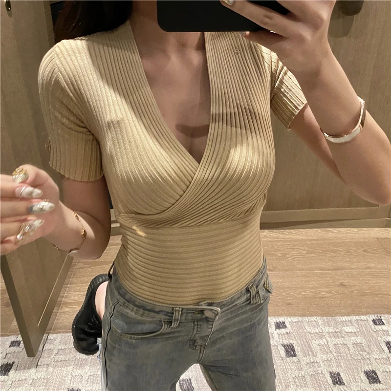 Summer Sweater Women Knitwears Korean Fashion Sexy Pullovers Clothing Pull Femme Low Cut Knitted Vest Deep V-neck Cropped Top enlarge