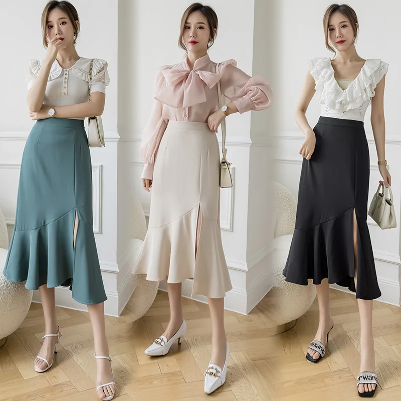 

Mid-length skirt women's clothing 2022 spring autumn new high-waisted skirts Korean fashion A-line ruffled thin fishtail dresses