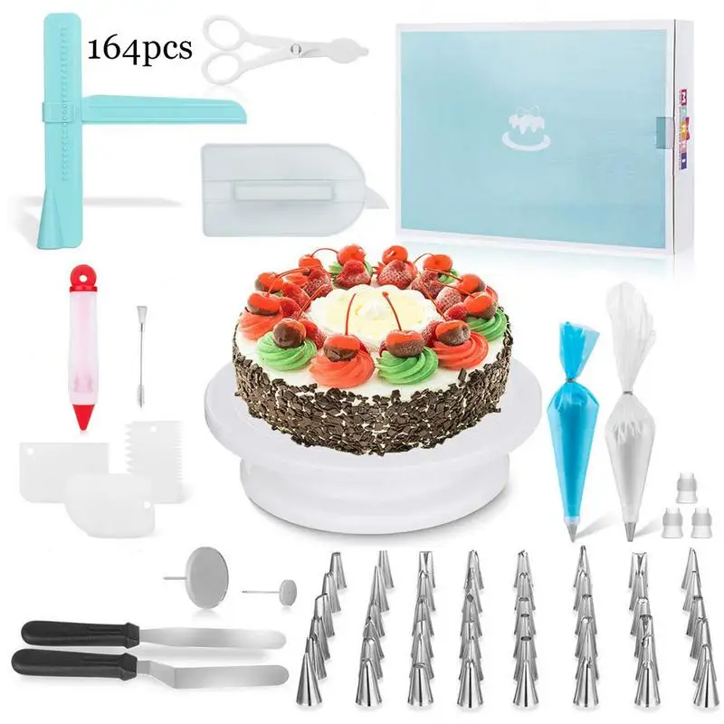 

164PCS/Set Cake Decorating Tools Kit Icing Tips Turntable Pastry Bag Couplers Cream Nozzle Baking Tools Set for Cupcakes Cookies