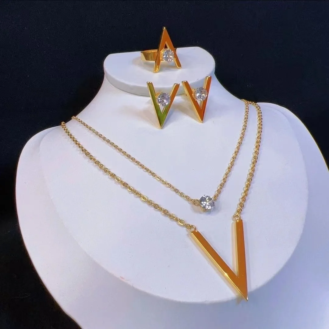 2023 Fashion Diamond Three Piece Set Double Layer Necklace Earrings Women's Jewelry