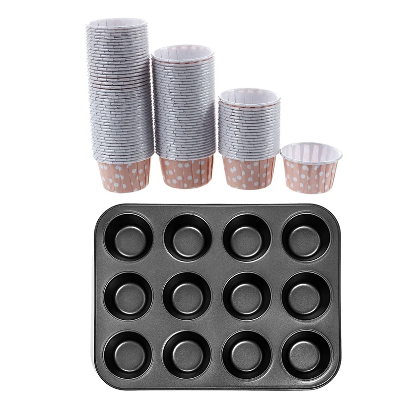 

101Pcs Mini Cup: 100 Pcs Cupcake Cake Case Baking Cups Liner Muffin & 1 Pcs Heavy Duty Carbon Steel Cupcake Baking Tray