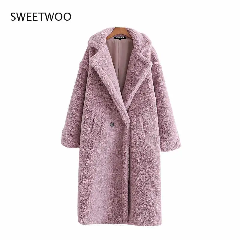 Women Fashion Thick Winter Warm Faux Fur Teddy Coat Women Vintage Long Sleeve Pockets Female Outerwear Chic Overcoat Contracted