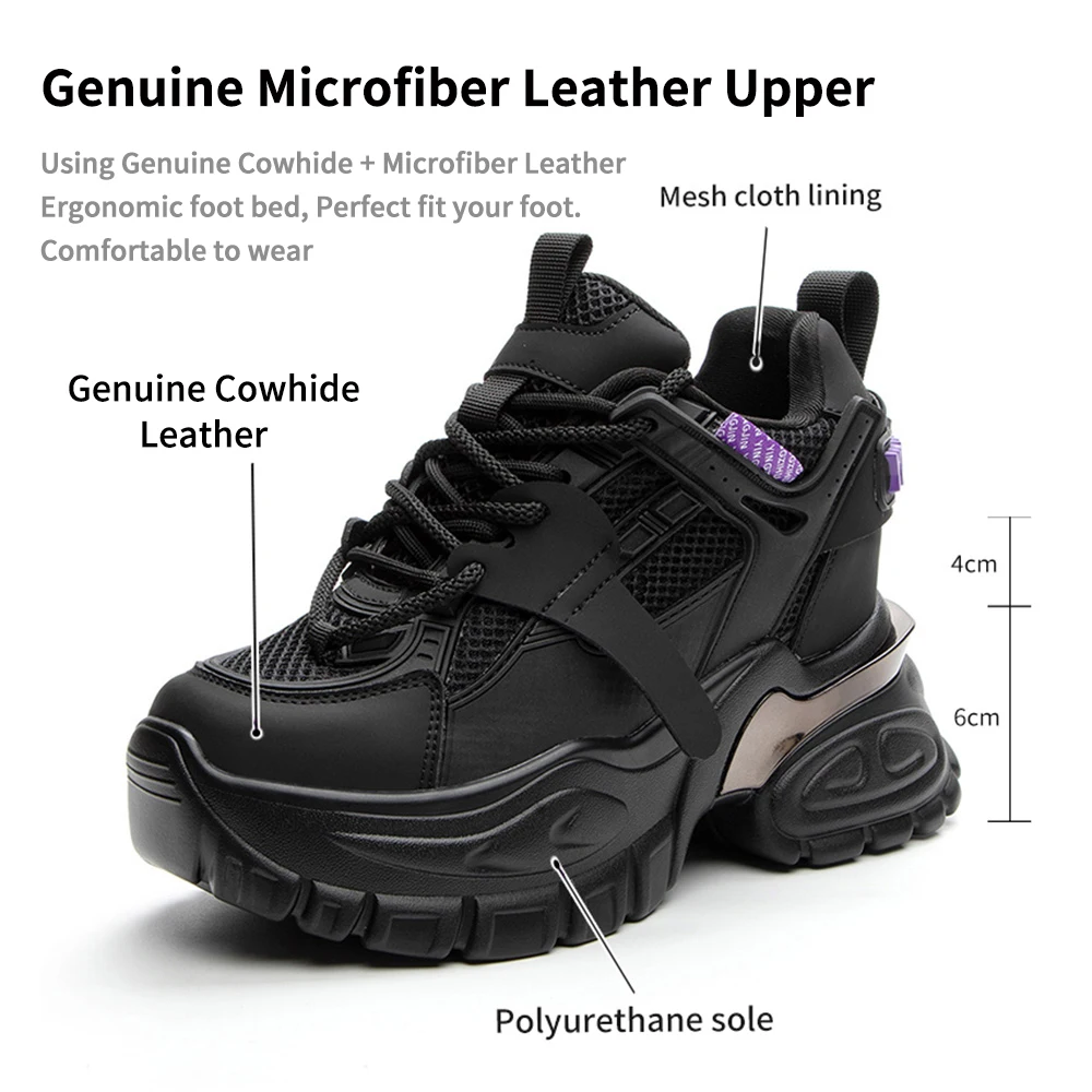 Somiliss Women Casual Sneakers Genuine Leather 10cm Thick Heel Lace-Up Round Toe Fashion Platform Ladies Chunky Sneaker Shoes