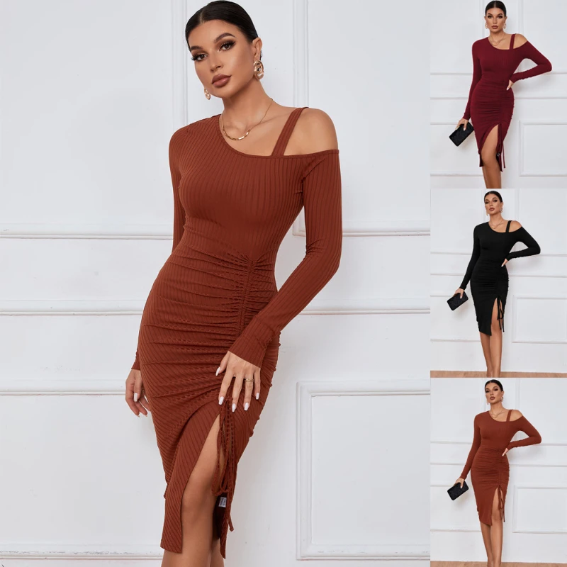 

Women Solid Color Pencil Dress Design Shrinkage Drawstring High Split Decor Diagonal Collar Long Sleeve Mid Waist Slim Hip Dress