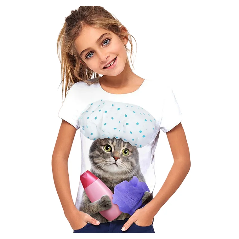 

New Children's 3D Top T-shirt Short Sleeve Shirt O-Neck Summer Fashion Casual Girl Animal Cat Print Children's Wear