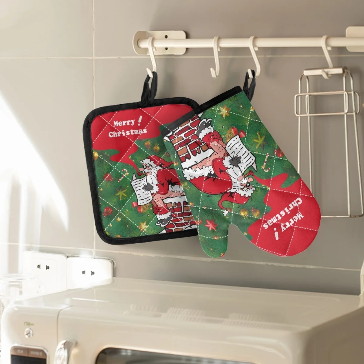 

Merry Christmas Oven Mitts Anti-Hot Cooking Gloves Pad Xmas Oven Glove Ornaments Heat Insulation Pad Microwave Mat Kitchen Decor