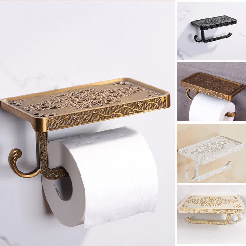 

Carved Paper Towel Holder Vintage Bronze Carving Bathroom With Phone Shelf Towel Roll Tissue Aluminum Rack Toilet Paper Holder