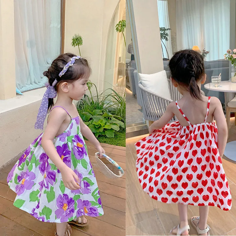 

Summer New Sleeveless Cute Girl Dress Toddler Kid Princess Party Dress Print Back Flowers Heart Baby Kids Clothes