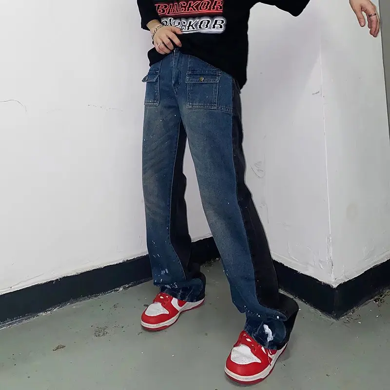 2022 Ink Splash Patchwork Hip Hop Baggy Men Flare Jeans Pants Vintage Loose Straight Punk Goth Denim Trousers Pantalones Hombre