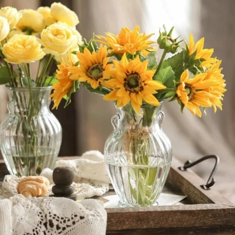 Прозрачная стеклянная ваза для цветов во французском стиле с большим ртом