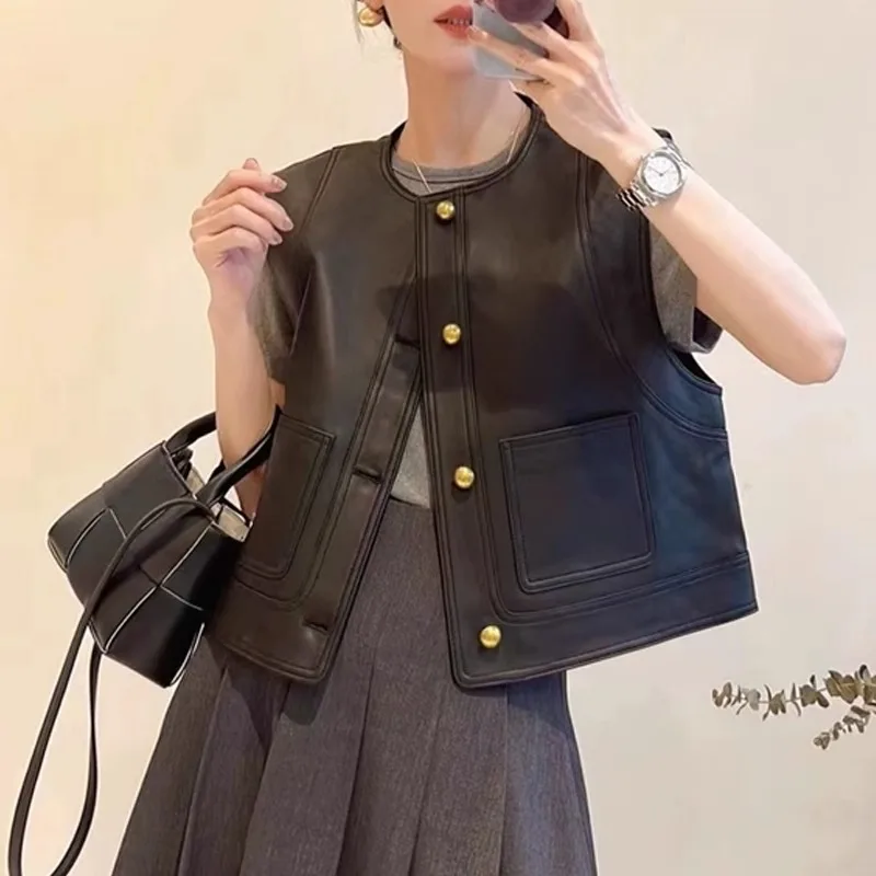 Роскошный свободный жилет из натуральной овчины с женским дизайном однобортный