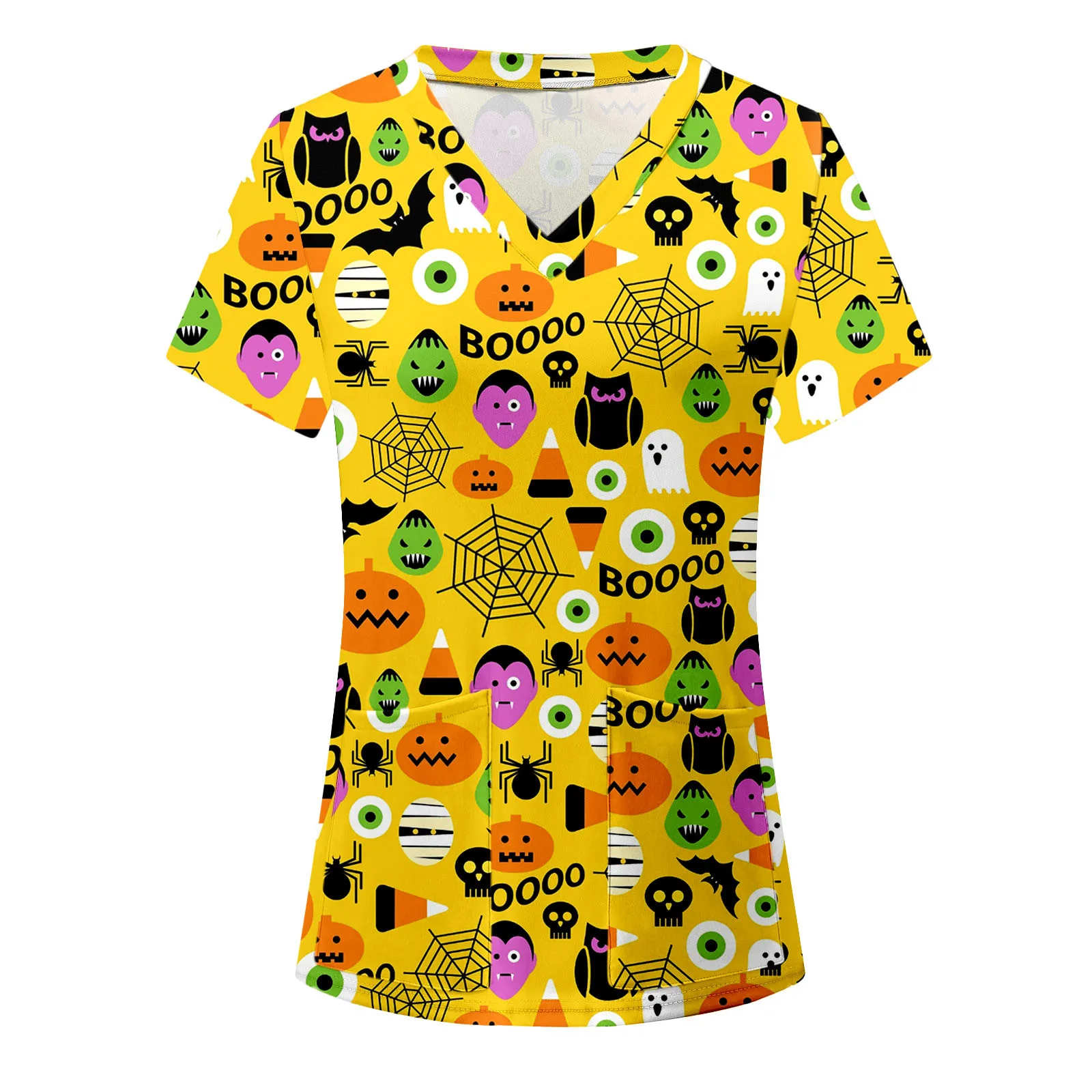 

Women Casual Halloween Print V Neck Pocket Short Sleeve Workwear T Shirt Top