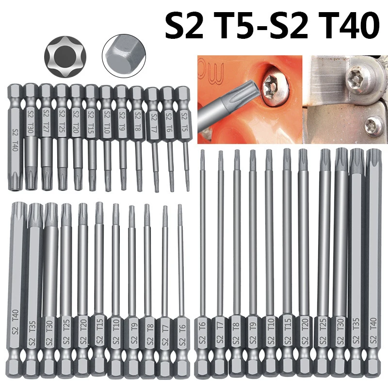 12pcs Torx Key Magnetic Screwdriver Bit Sets S2 T5-T40 1/4 Hex Shank 100mm Batch Head for Eletric Tool Mechanical Workshop Tools