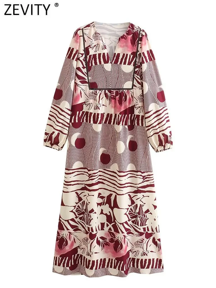 

Zevity Women Vintage V Neck Graffiti Patchwork Print Casual Straight Midi Dress Female Chic Lace Stitching Retro Vestidos DS4757