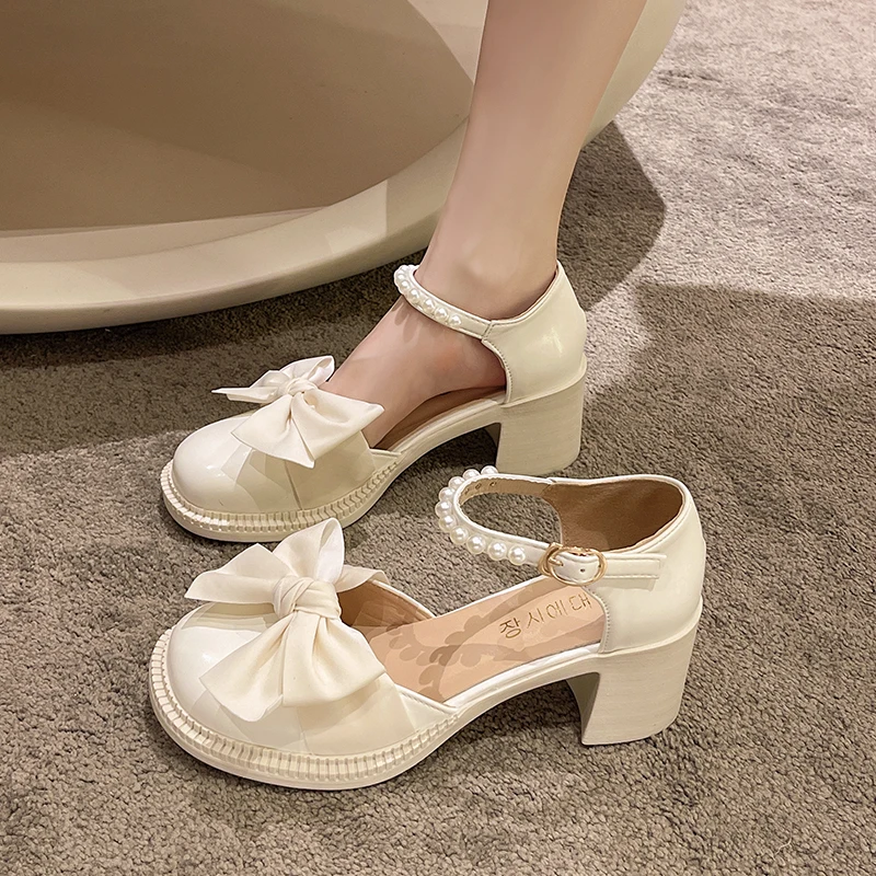 

Female Sandal Fashion Womens Shoes 2023 Anti-Skid Mary Jane Block Heels All-Match Med Girls Luxury New Closed Summer Bow Beige C