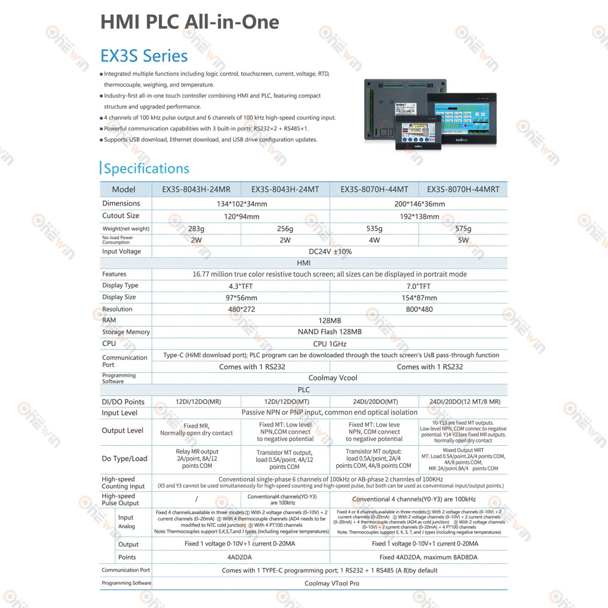 Многофункциональный HMIПЛК Coolmay 7 дюймов 24DI 24DO EX3S-8070H-44MT 44MRT с сенсорным экраном, 4AD, 2DA, MODBUS, RS232, RS485, интегрированный (art.: 3920dbfd46ce5) - 3920dbfd46ce5