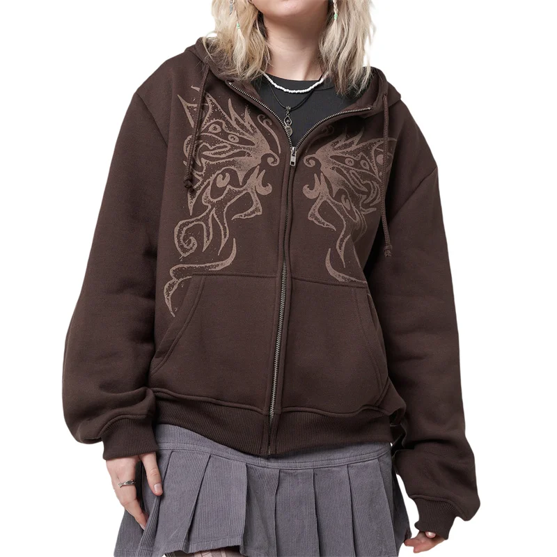 

hirigin E-girl Dark Academia Vintage Zip Up Hoodies Gothic Skull Graphic Print Sweatshirts Retro Y2K Harajuku Grunge Streetwear