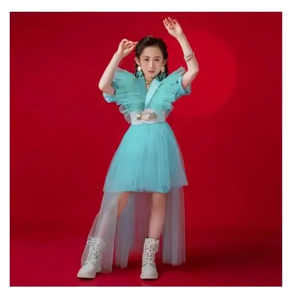 Детская подиумная одежда Kpop для девочек мятно-зеленое летающее сетчатое пальто с