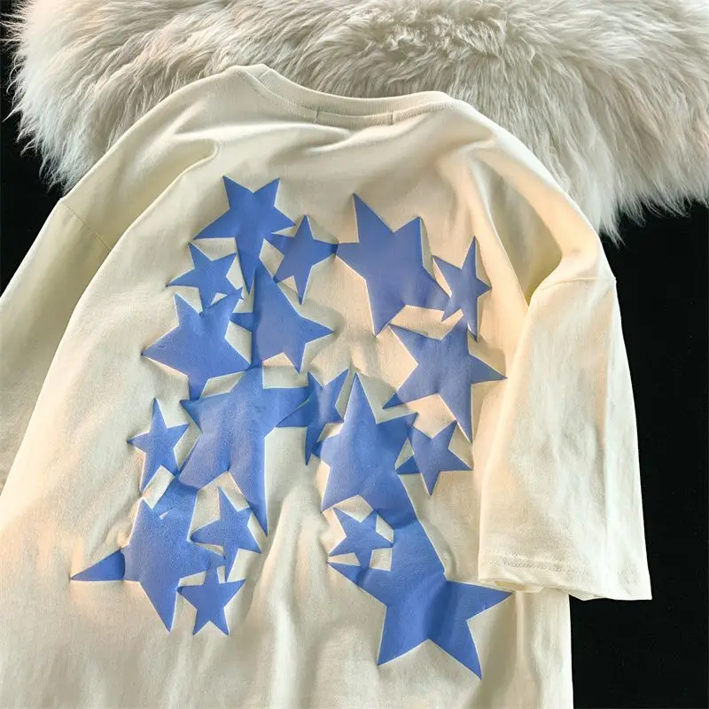 

Retro pentagram printed personalized graphic T-shirt for summer men and women loose fitting couple street trend short sleeves