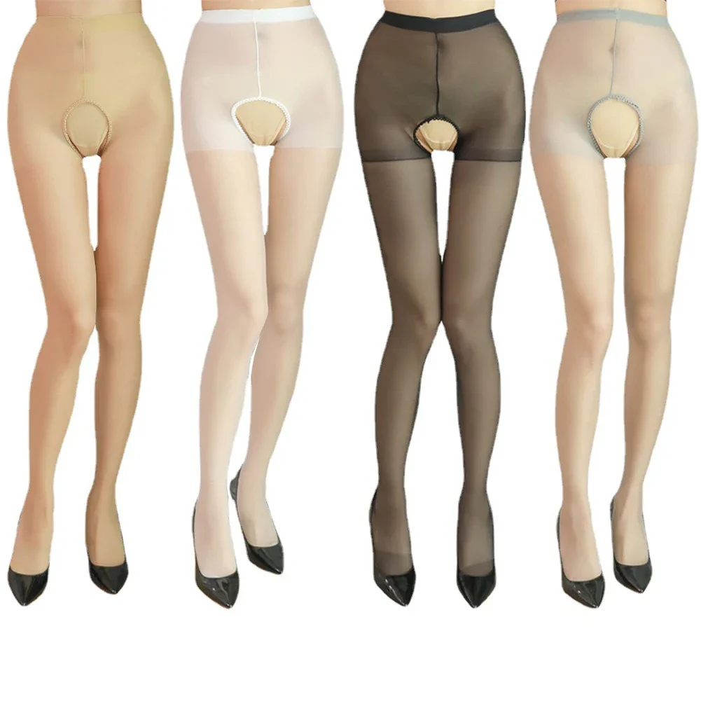 Błyszczące kobiety seksowne pończochy rajstopy z otwartym krokiem siatkowe bezszwowe bez krocza koszula nocna bielizna