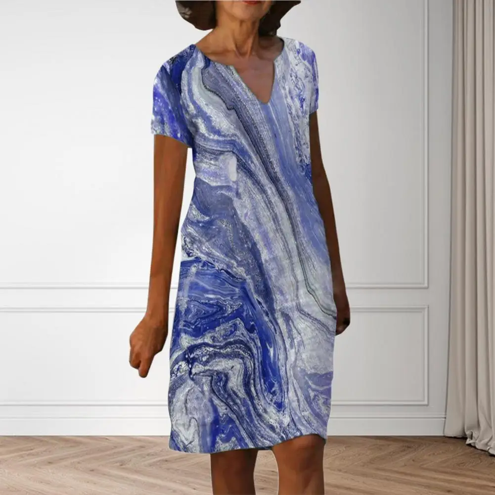 

Vintage Party Elegant robe Women Dress Marble Print V Neck Elegant A-Line Knee Length Dress Summer Loose Dress robe femme été