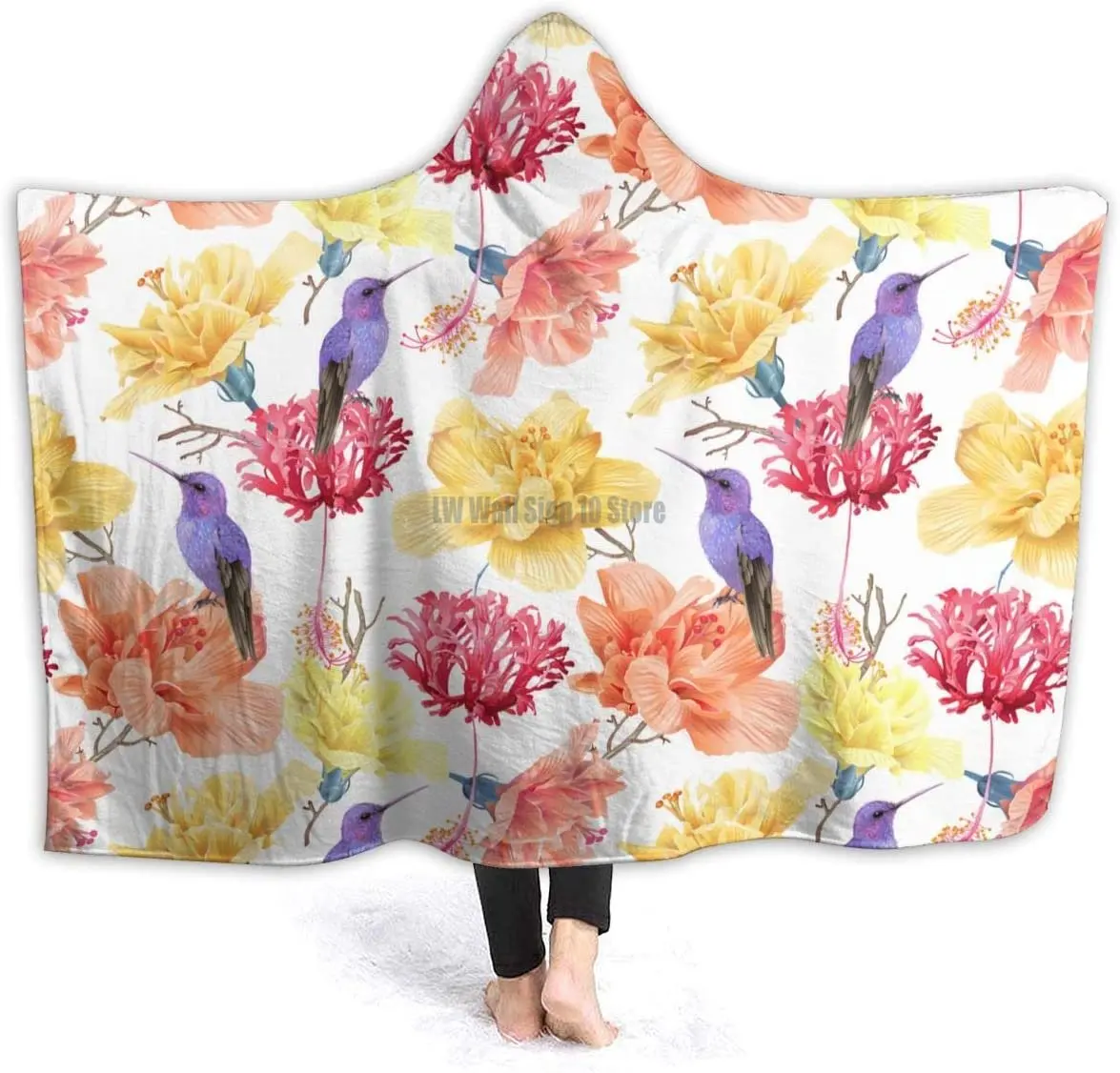 

Flowers Humming Bird Hooded Blanket Cozy Wearable Blankets Home Travel Bed Throw Blanket for Child