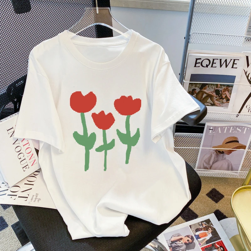 

DUNMA Summer Women's T-shirt Korean Harajuku T Shirts Women Kawaii Floral Tops Casual Cotton Tshirt Sweet Girl Loose White Tees
