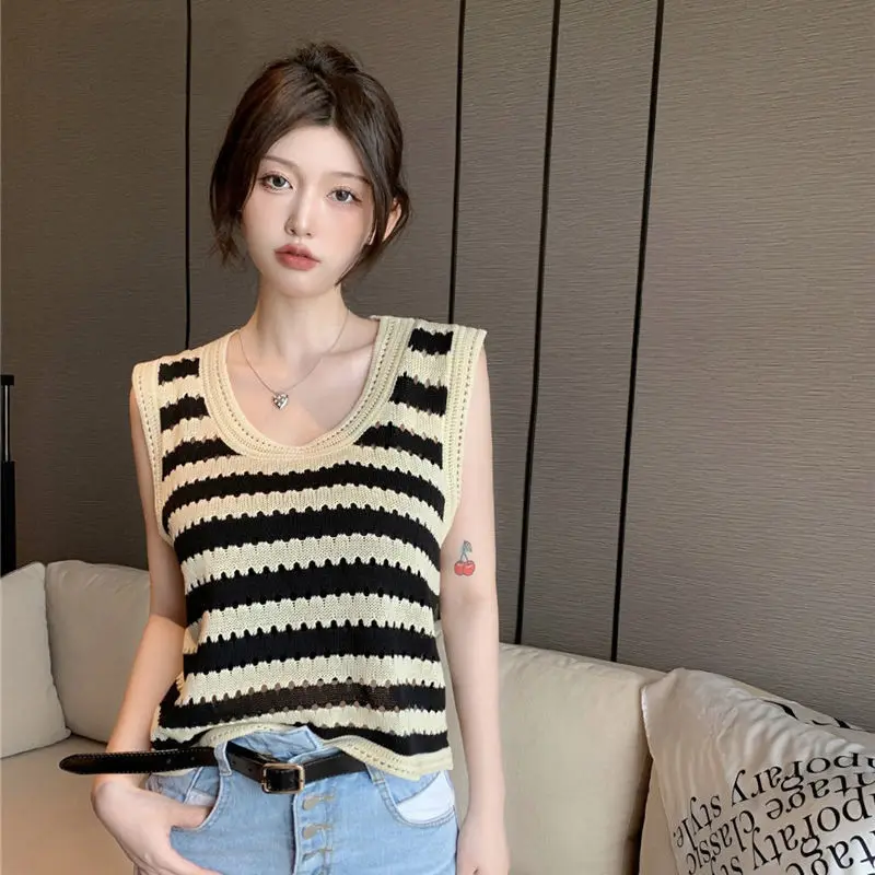 

Summer Hollow Out Crochet Vest Women Sleeveless Waistcoat Stripe Tank Top Beach Knit Vests Female Pullover