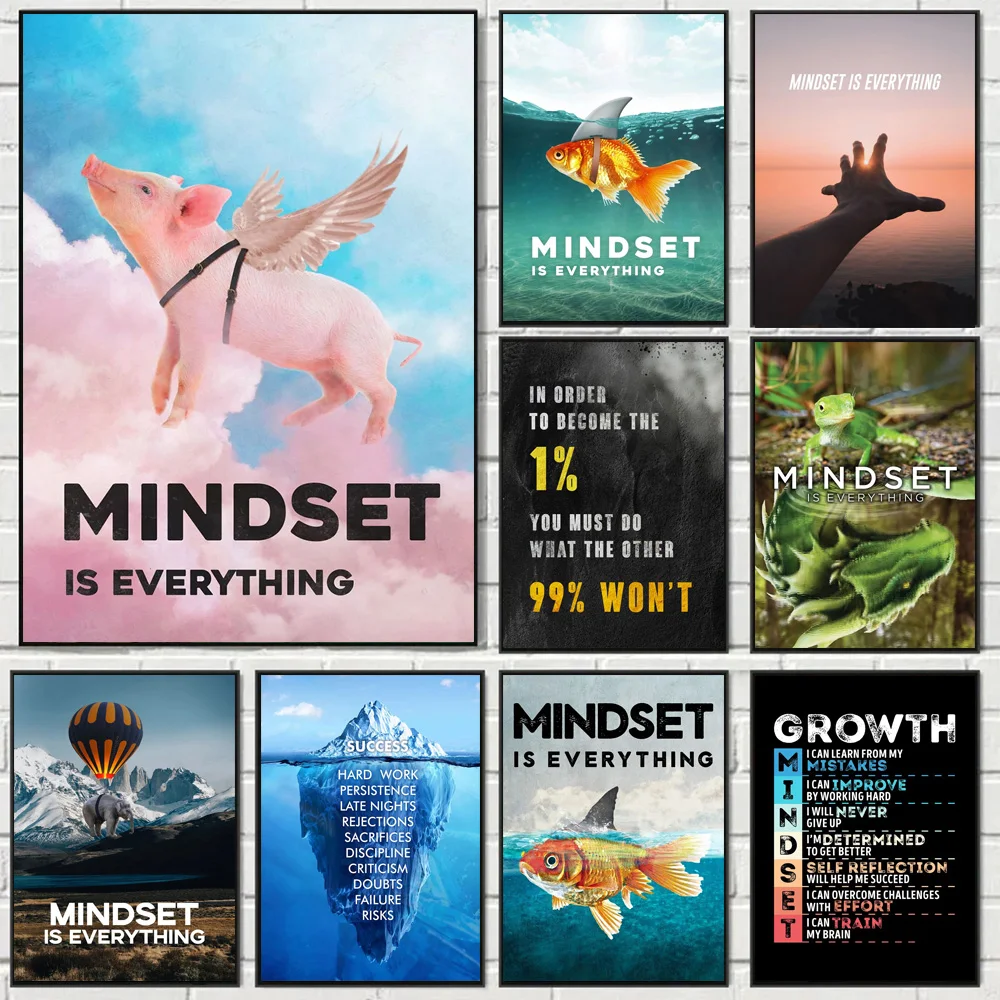 Мотивирующая Цитата Mindset Is All Shark Fish холст с печатью постера живопись вдохновляющие скандинавские настенные картины Домашний декор