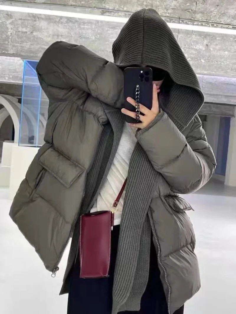 New Fall and Winter Hooded Down Jacket Women's Loose White Eiderdown Thick Warm Knit Scarf Hat Wear Versatile Down Jacket