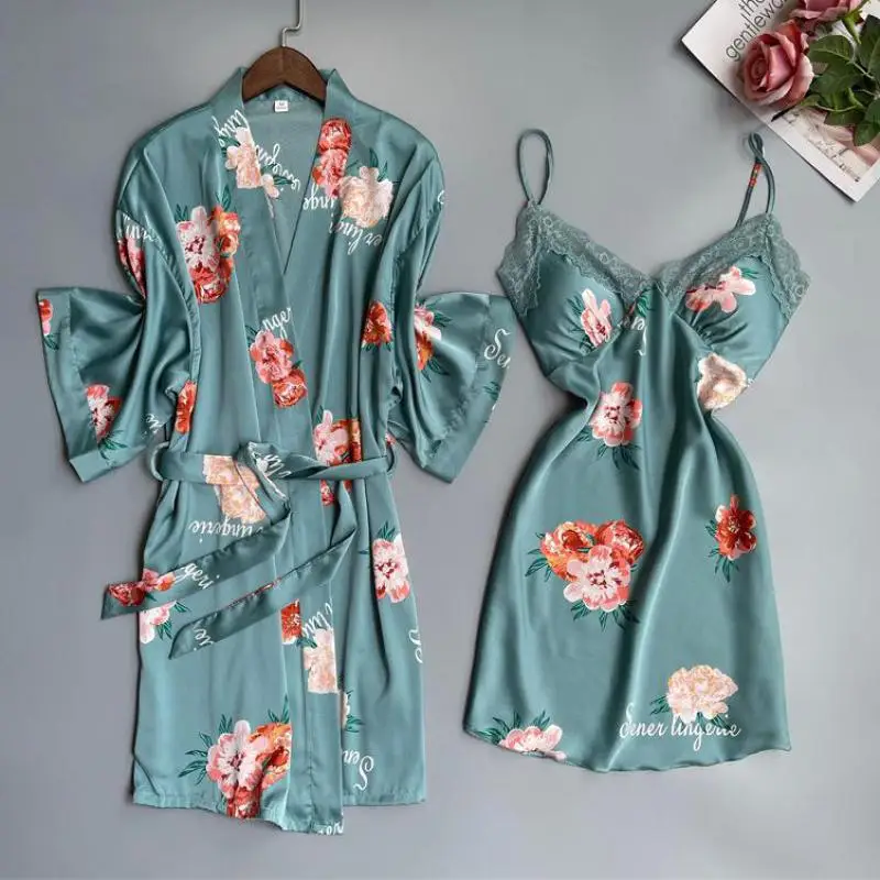 

Print Womens 2PCS Kimono Robe Set Sexy Bathrobe Gown Lace Sleepwear Intimate Lingerie Casual Satin Nightgown Home Clothing
