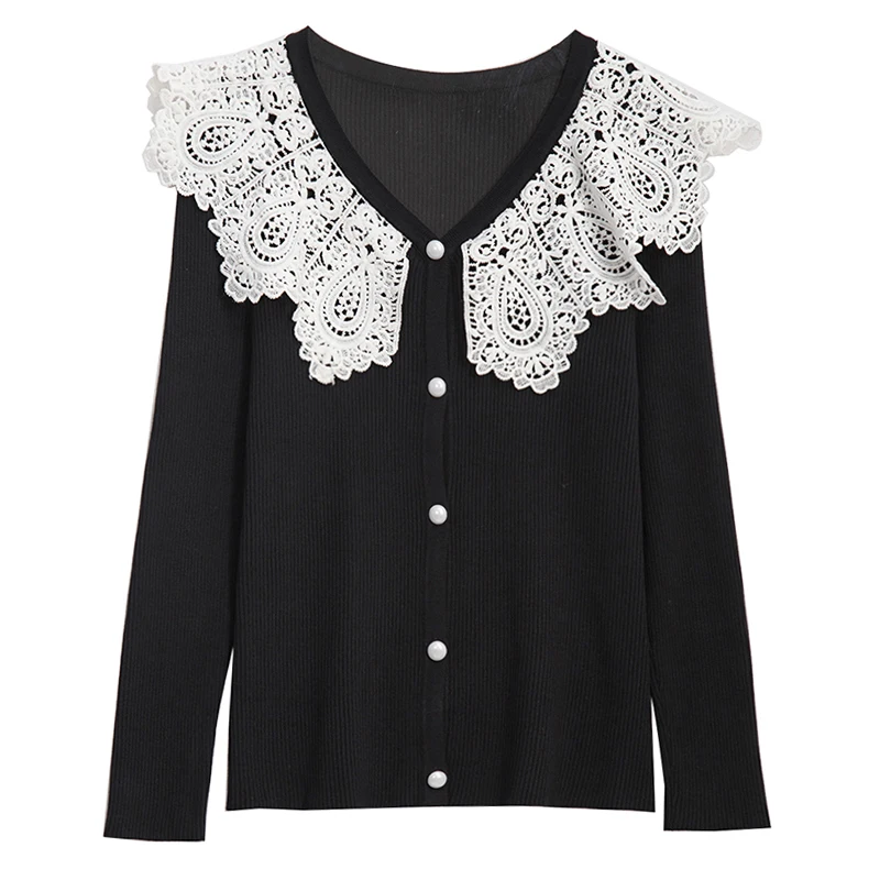 

Black White Lace Jacket Coat Spring Autumn Winter Knitted Vintage Cardigan Fashion Woman Elegant Women'S Sweaters 2022 Female