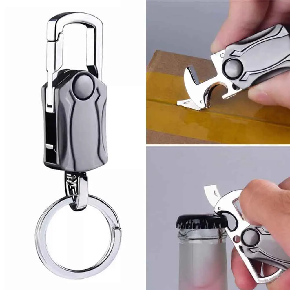 

4-in-1 Heavy Duty Key Chain Wine Opener Anti-Anxiety Rotatable Keyring Box Cutter Phone Holer Bottle Opener Beer Keychain