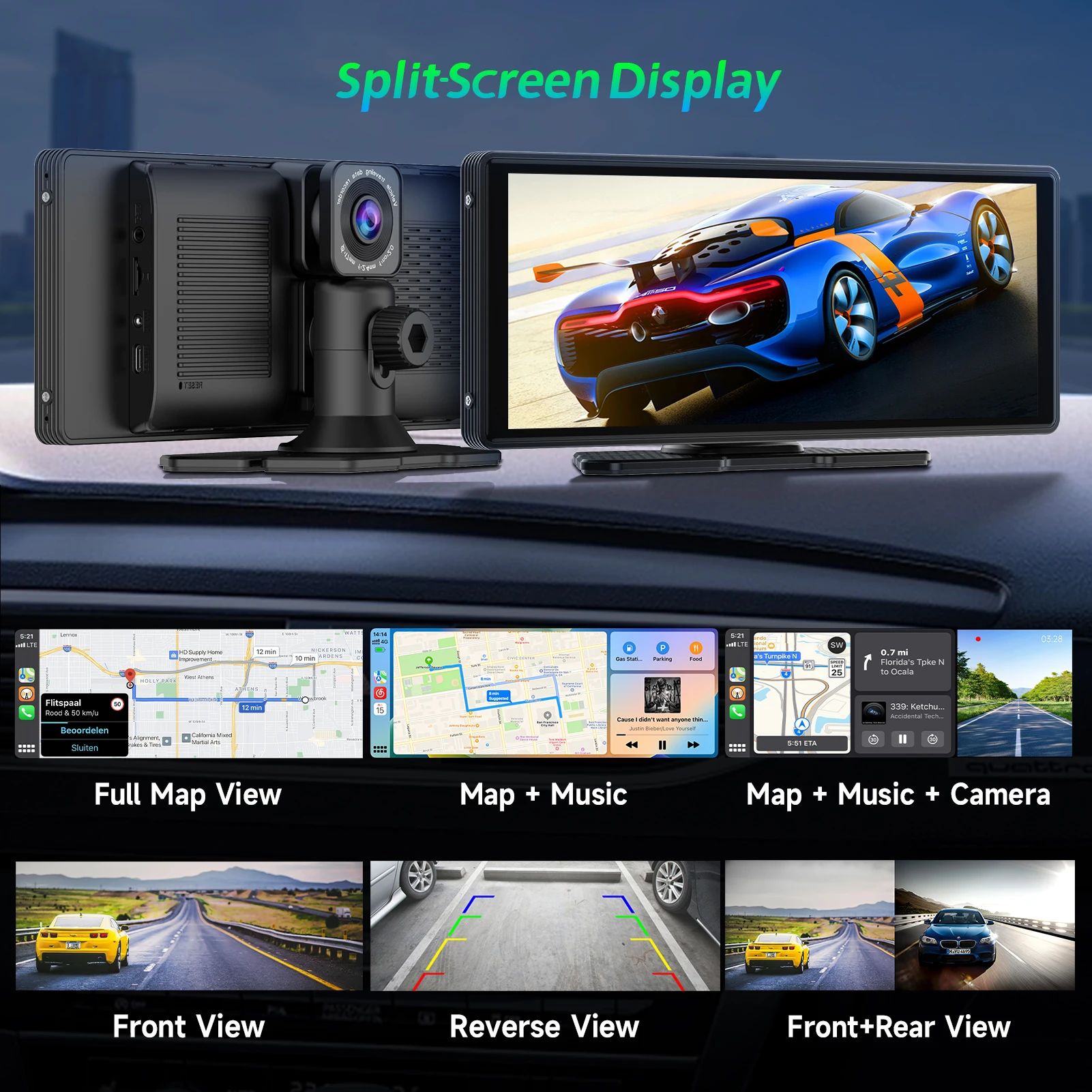 9 3-дюймовый портативный экран Carplay с видеорегистратором 2K — беспроводная