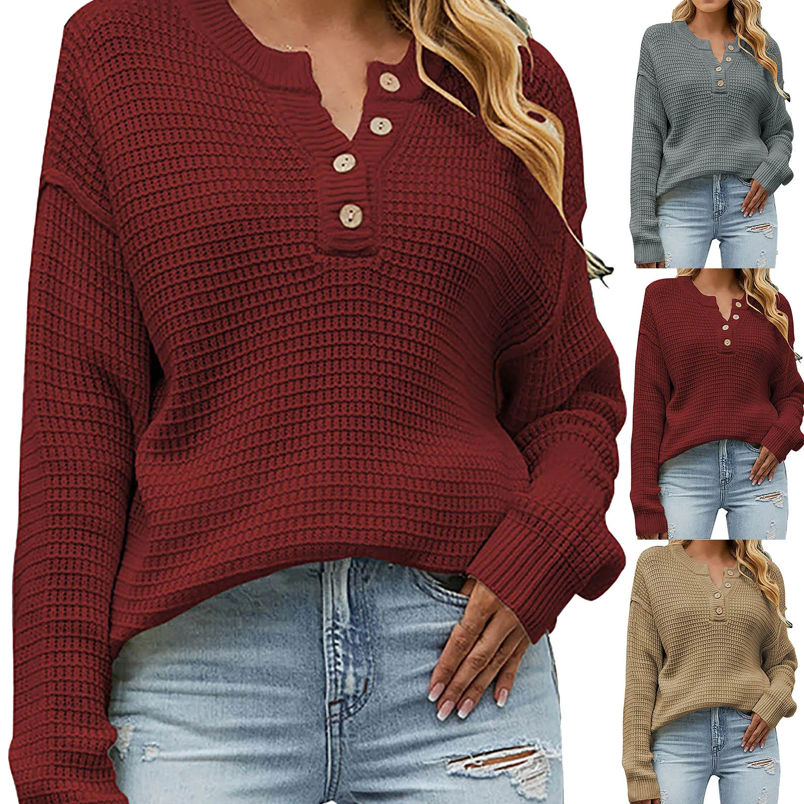 

Women Knitted Sweater Solid Color Button Pullover Loose Jumper Lady Long Sleeve Cardigan Female Casual Warm Top Autumn Winter