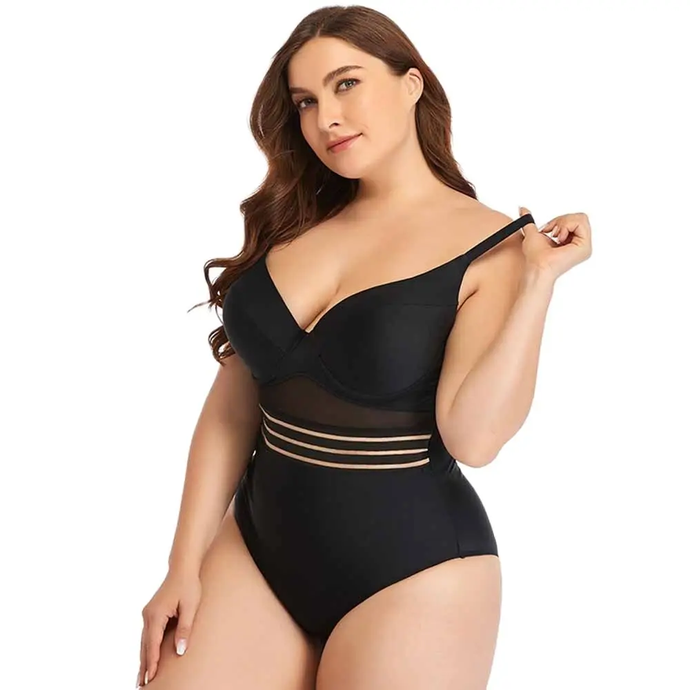 

Large Size Women One Piece Swimsuit High Cut Onesie swimwear Hollow Out Strap Bathing Suit Black Monokini Bodysuit Beachwear