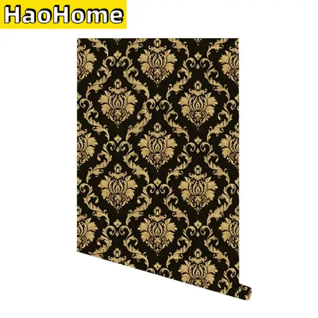 Damask Peel and Stick Wallpaper Black Gold Pre-Pasted Removable Contact Paper Vinyl Self-Adhesive Furniture Stickers for Home