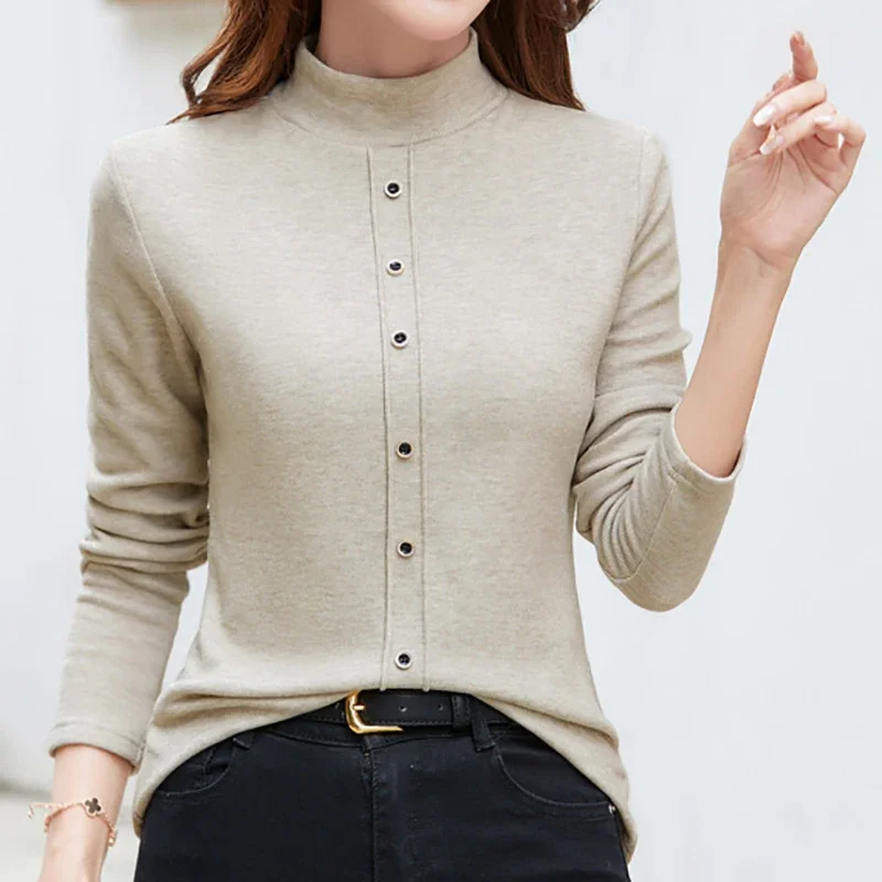 

Женская футболка, сезон осень 2023, теплая футболка с полувысоким воротником для женщин, модная одежда в Корейском стиле, топ на пуговицах с длинным рукавом, женские футболки