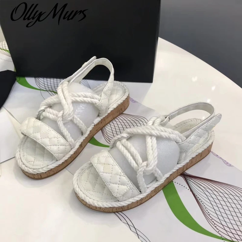 

Женские кожаные шлепанцы ollywalls, модные сандалии с плетеной веревкой и деревянной подошвой, повседневные пляжные уличные сандалии с открыты...