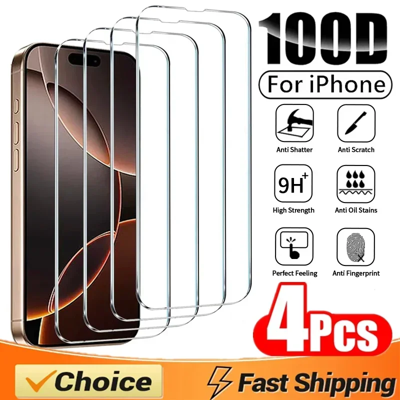 4Pcs Tempered Glass For iPhone 16 11 12 13 14 15 Pro Max Mini Screen Protector IPhone XR X XS MAX 7 8 Plus Protective