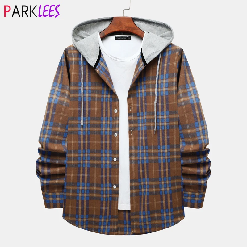 

Mens Retro Hoodie Plaid Button Down Flannel Shirts Brand Long Sleeve Lightweight Jacket Shirt Casual Checked Layer Shirt Chemise