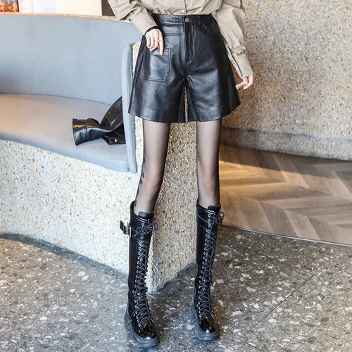 Luxury brand Genuine Leather Women 2023 Spring New Loose All-match A-line Shorts Sheepskin Thin Foreign Wide-leg Pants FCY070