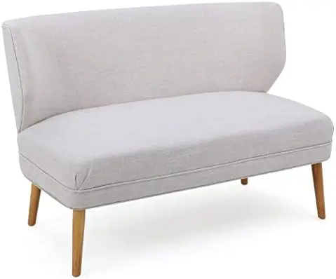 

Mid-Century Modern Fabric Settee, Light Gray, Natural Finish