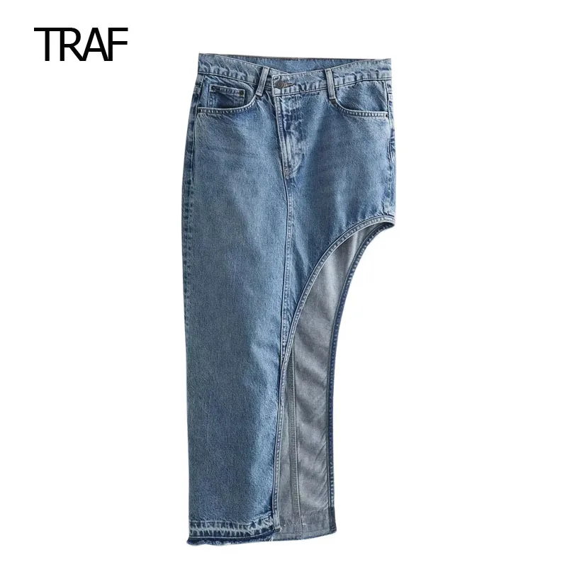 

TRAF Denim Slit Skirt Women's Skirts Summer 2023 Mid Waist Buttoned Fastening Front Pockets Skirt Designer Skirt Female Casual