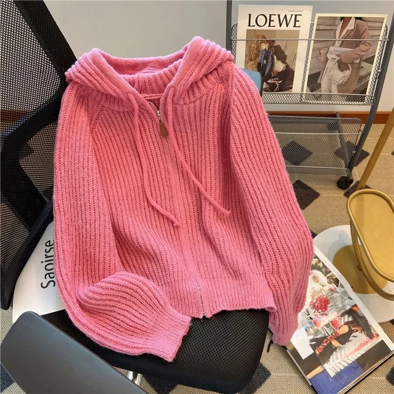 Женский трикотажный кардиган с капюшоном Свободный пуловер цвета хаки на молнии