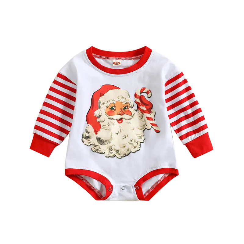 

Newborn Baby Girl Boy Christmas Bodysuits 0-24Month Autumn Casual Romper Long Sleeve Santa Claus Print Stripe Patchwork Playsuit