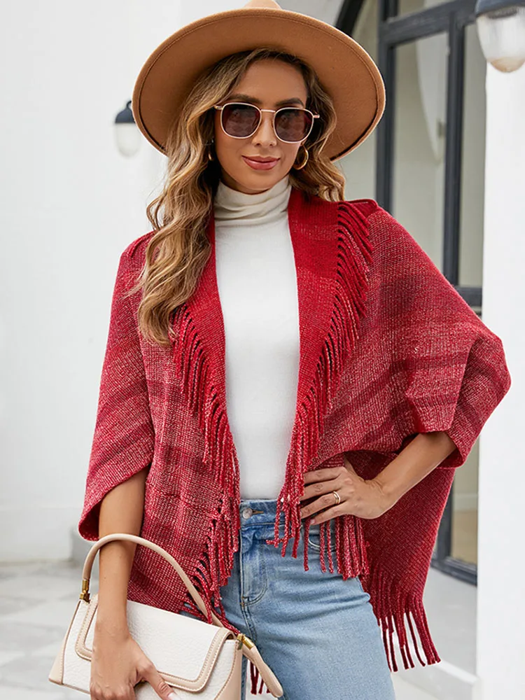 

Женский полосатый кардиган Liooil, вязаный свитер с рукавом «летучая мышь» и бахромой