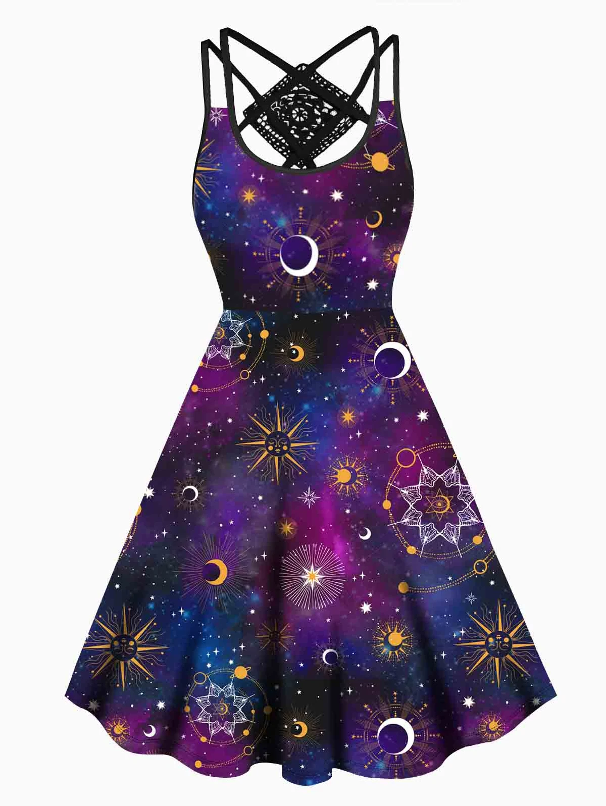 

Dressfo Celestial Galaxy Sun Moon Star Print Dress For Summer Lace Panel Crisscross High Waisted Sleeveless Midi Robe