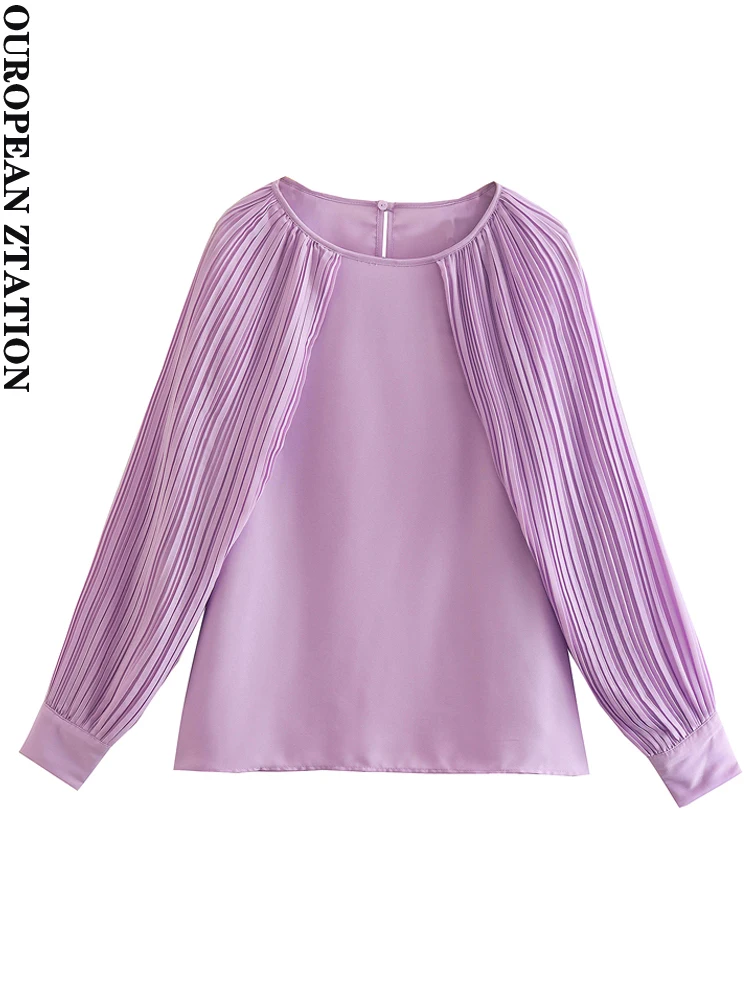 

PAILETE Women 2022 fashion pleated cape style blouse vintage o nekc long sleeve female shirts blusas chic tops