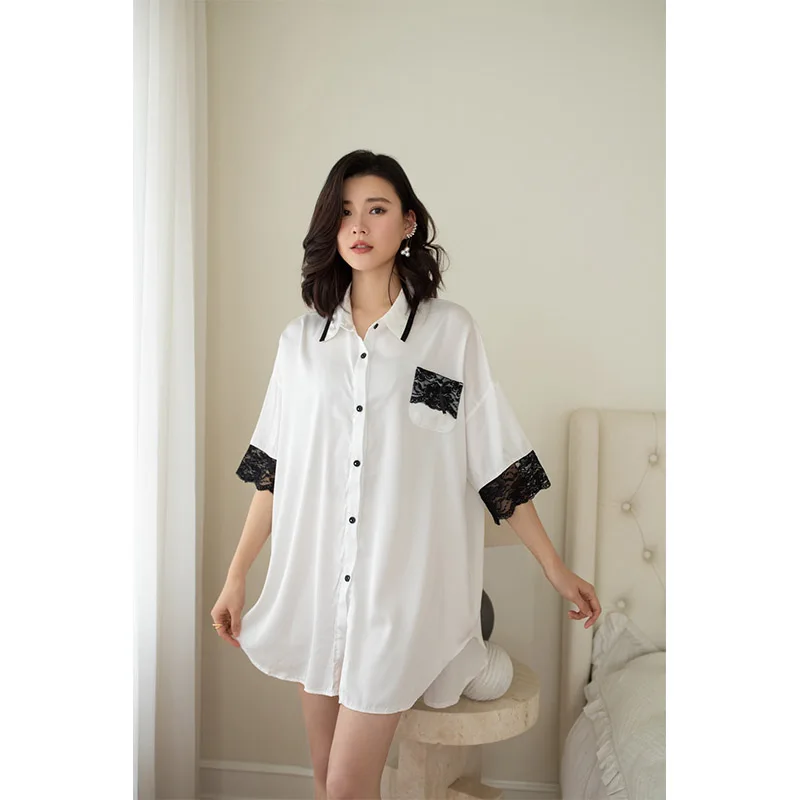 YFTNH Women Nightgown with Belt Sexy Soft Silk Half Sleeve Mini Night Dress Button Down White Long Shirts Fashion Lace Homewear